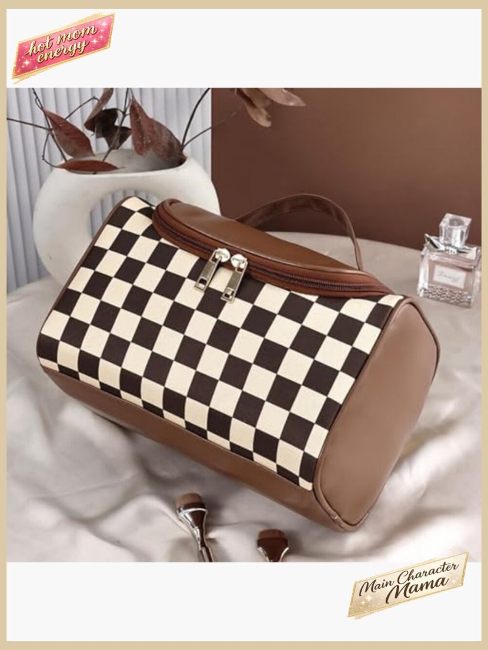 Checkered Pattern Cosmetic Bag Travel Portable Elegant Minimal Skincare Storage - Picture 4 of 7